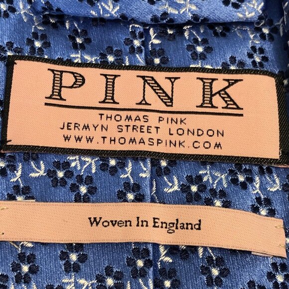 SOLD MENS THOMAS PINK TIE 100% SILK MADE IN Morocco 3.25” Blue Floral - Picture 8 of 8